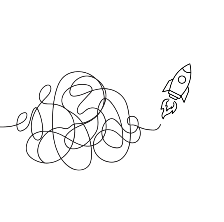 A black and white line drawing showing a rocket ship soaring off after emerging from a complex, tangled web of lines.