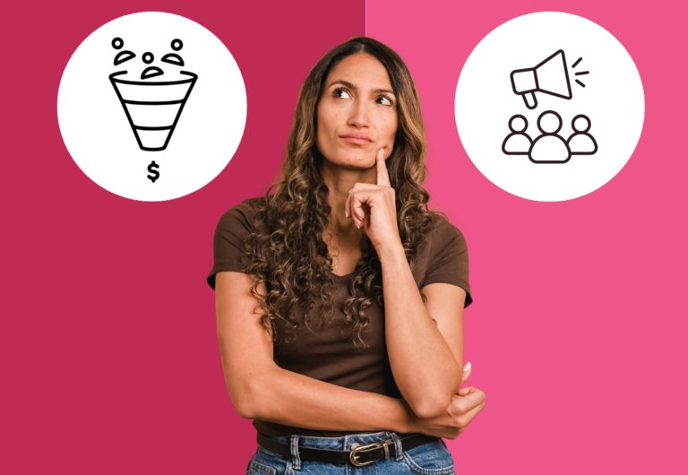 A woman with long brown hair and a brown tshirt contemplates her podcast strategy, represented by funnel and advocacy icons.